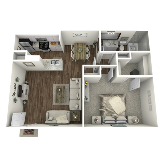 a 3d rendering of a two bedroom apartment at The  Adelene