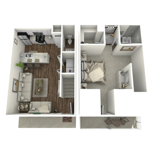 a 3d rendering of a two bedroom apartment at The  Adelene