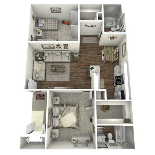 a 3d rendering of a two bedroom apartment at The  Adelene