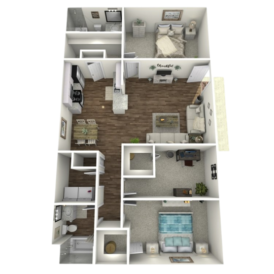 a 3d rendering of a two bedroom apartment at The  Adelene